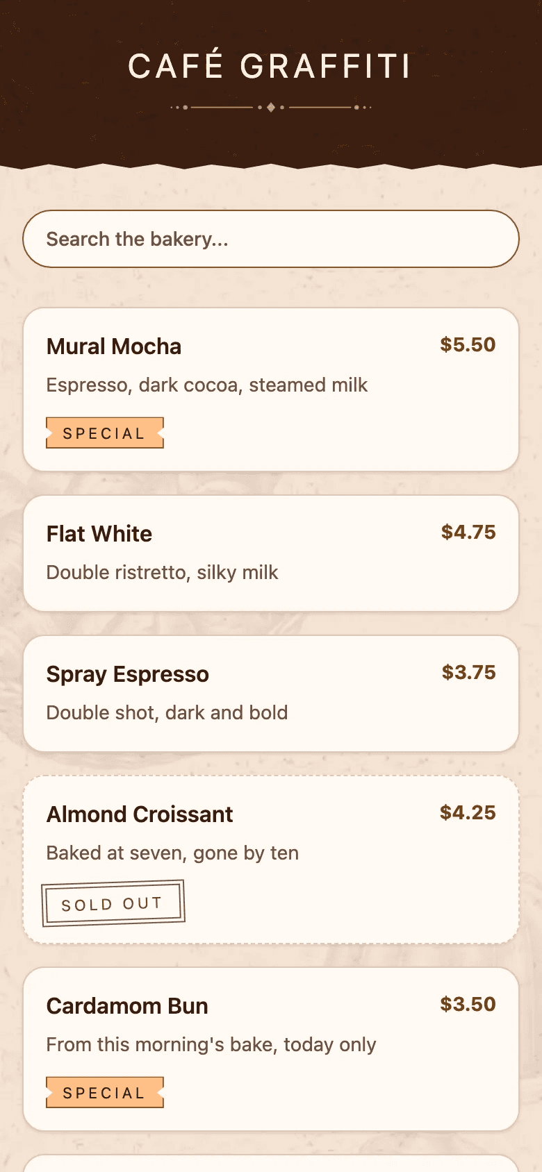 The diner's menu in the Bake House template