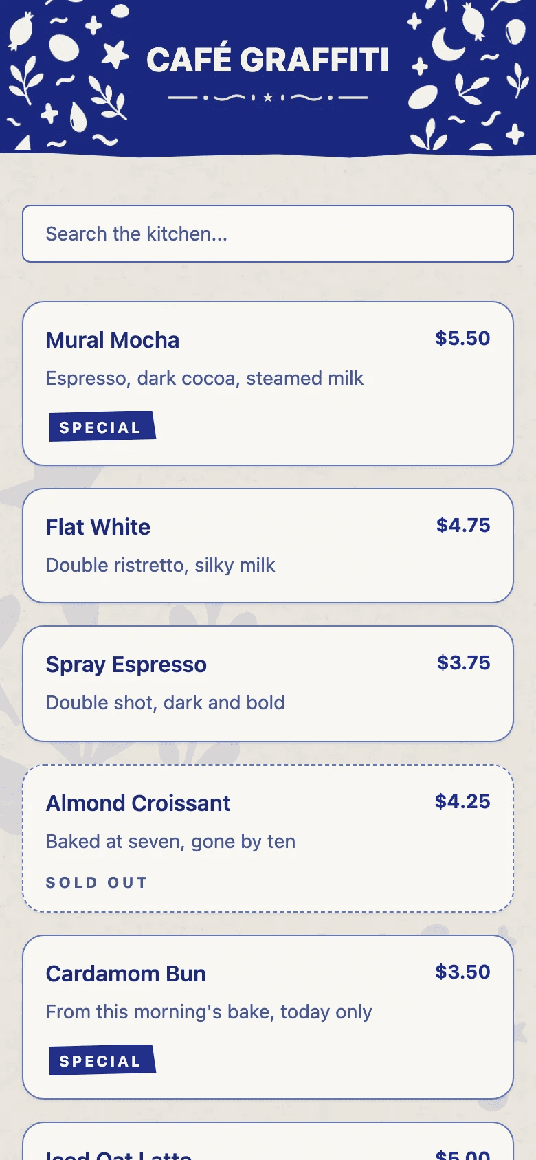 The diner's menu in the Cobalt Kitchen template