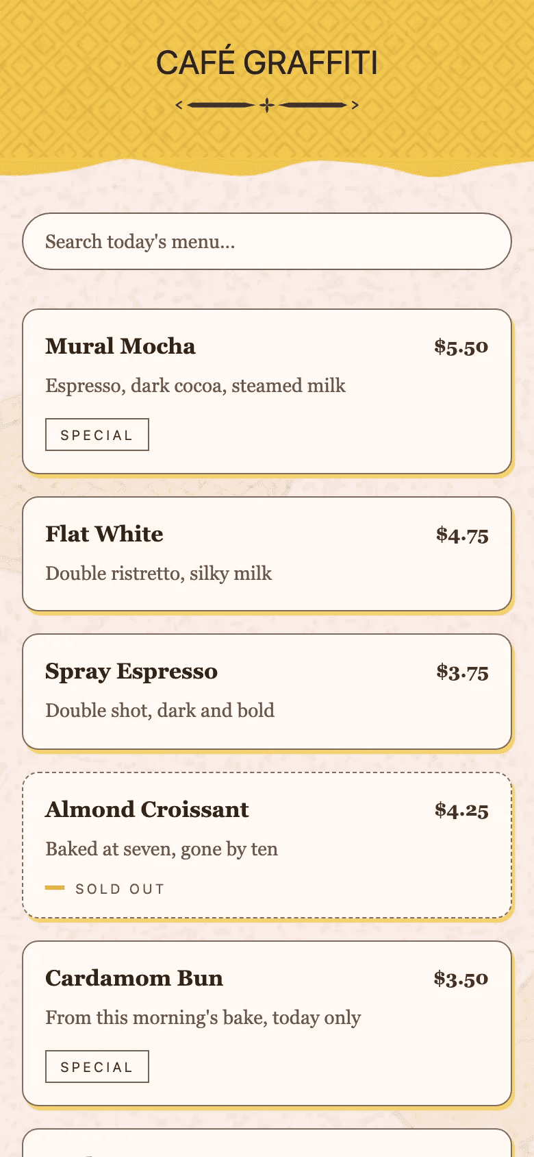 The diner's menu in the Marigold Canteen template
