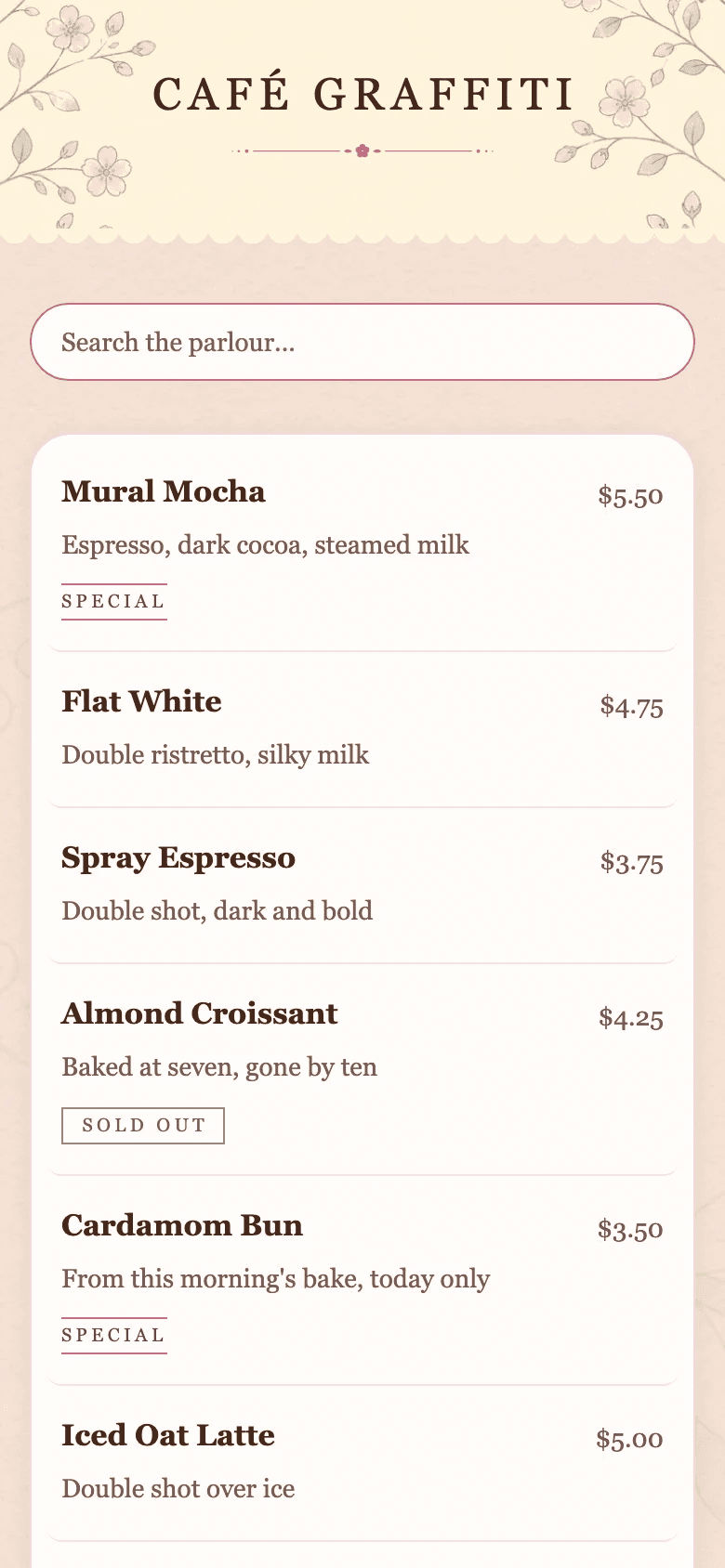The diner's menu in the Pastel Parlour template