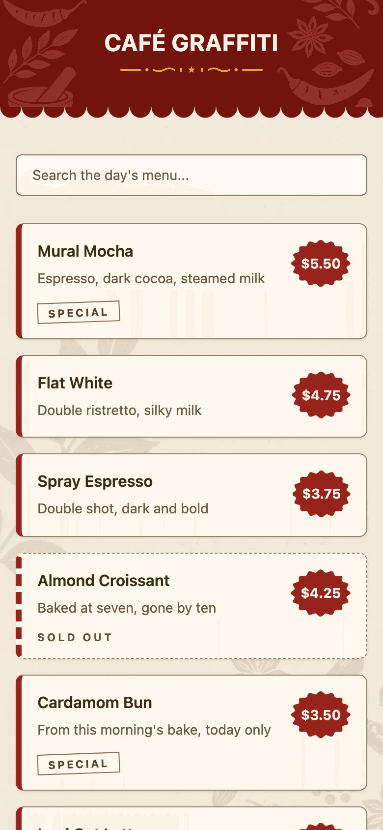 The diner's menu in the Tiffin Press template